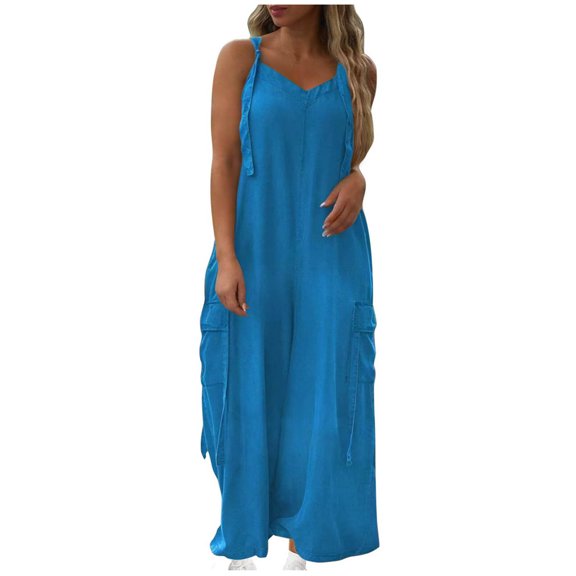 Moxiu Women's Baggy Oversized Overalls Adjustable Strap Loose Wide Leg Cargo Jumpsuits Flowy Long Pants Rompers with Pockets Blue,L