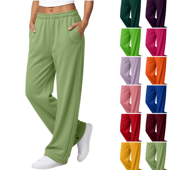 WULMLEO Women's Sweatpants Solid Elastic Waist Wide Leg Fall Winter Paloma Pants Trendy Work Pant Trendy Oversized Trousers with Pockets Light Green L