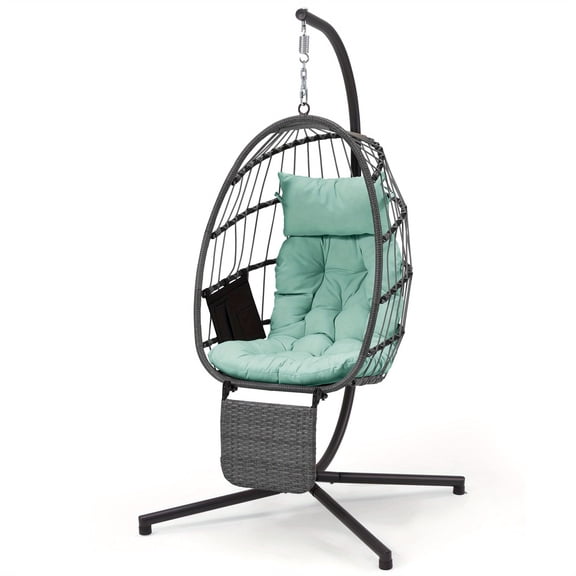 U-HOMY Hanging Egg Chair with Stand, PE Rattan, 600 lbs Capacity, Cushion for Patio, Light Blue