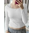 thumbnail image 2 of Liacowi Women's Summer Slim Cropped Tops Solid Color Lace Trim Scoop Neck Long Sleeve T-Shirts Basic Tee, 2 of 7