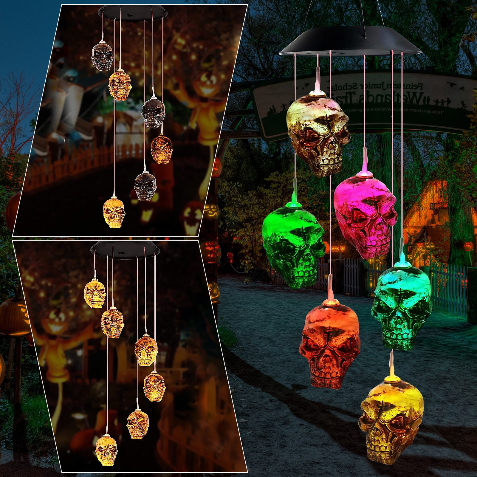 Skeleton Skull Wind Chime, EEEkit LED Solar Powered Halloween Skull Decor Windchime Lights, Waterproof Outdoor Tree Hanging Light, Christmas Decoration Gift Garden Yard Festival Party Decoration