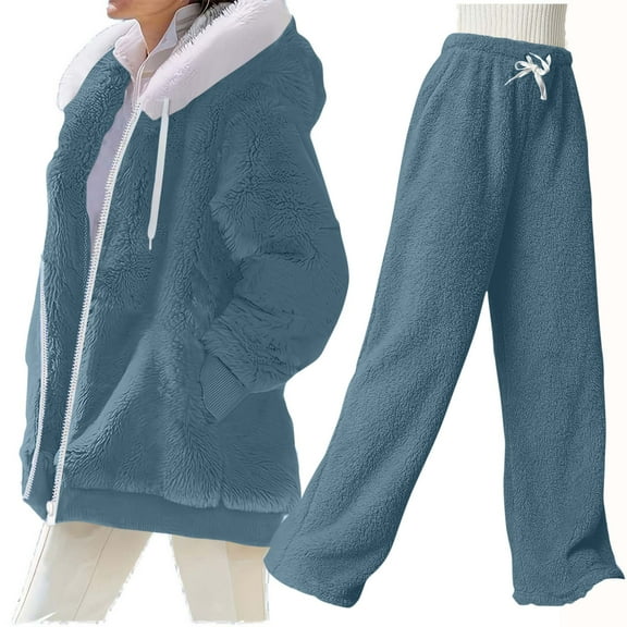 Moxiu Women's Fleece Winter 2 Piece Outfits 2025 Full Zip Oversized Plush Hooded Coat Fuzzy Pants Soft Lightweight Loungewear Blue,XL