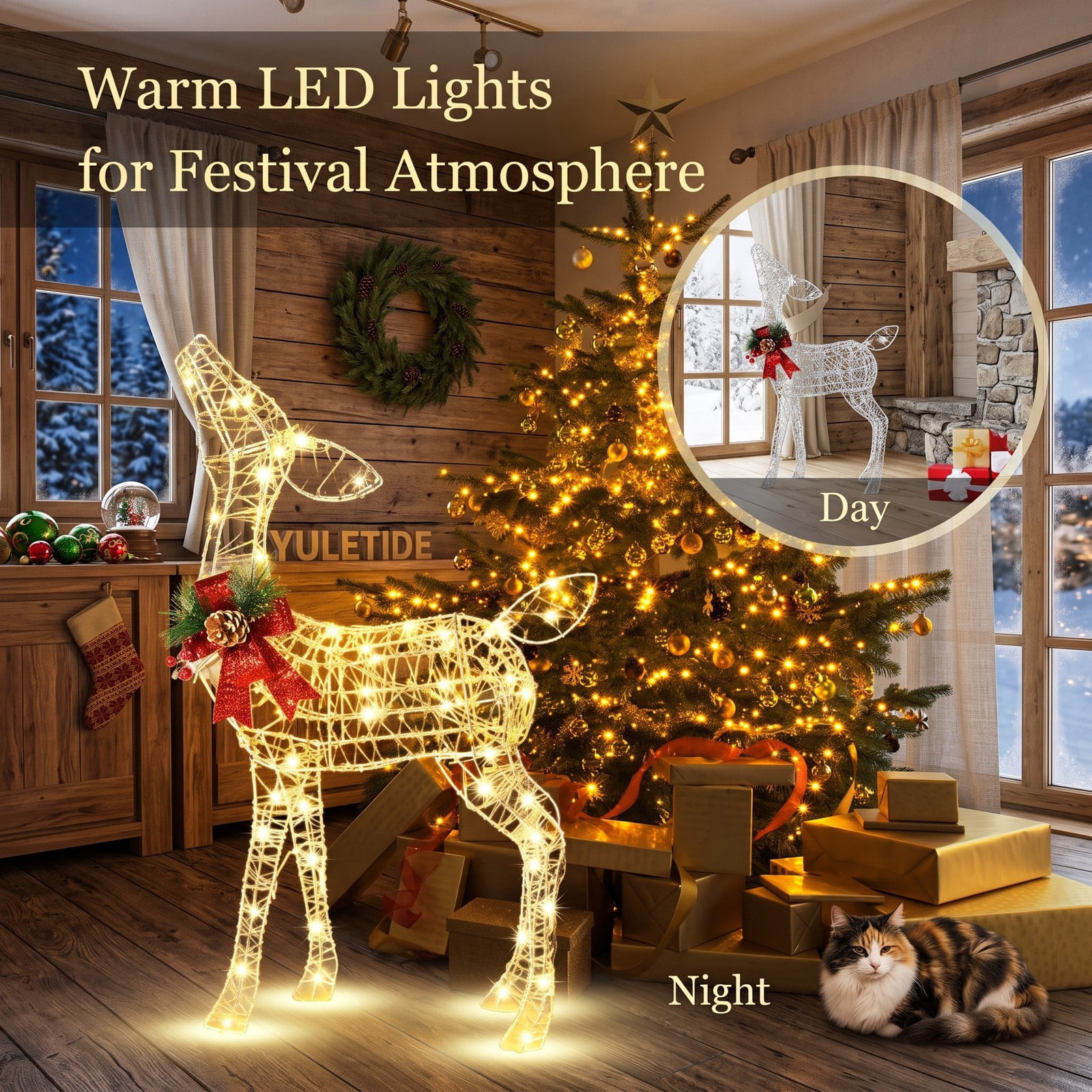 RUIE 34.5-inch Lighted Christmas Reindeer Decoration with 50 Warm White LED Lights, Pre-Lit Outdoor Yard Decor, White