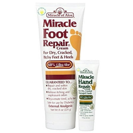 Miracle Foot Repair Cream with 60% UltraAloe 8 ounce tube plus Miracle Hand Repair Cream with 60% UltraAloe 1 oz