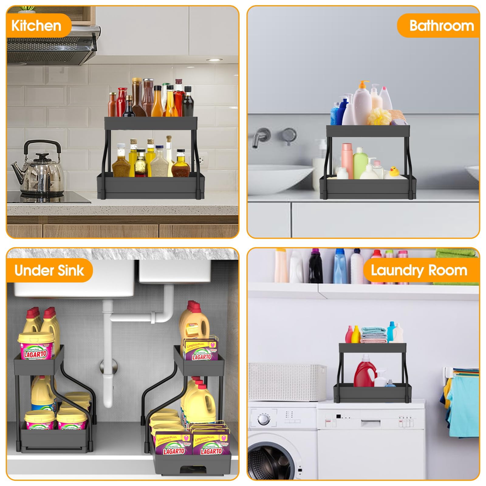 ZALFLEX Under Sink Organizers,2 Pack L-Shape Sliding Under Sink Organizers and Storage, 2-Tier  Under Counter Storage Organizer Pull Out Under Sink Storage for Kitchen Bathroom Black