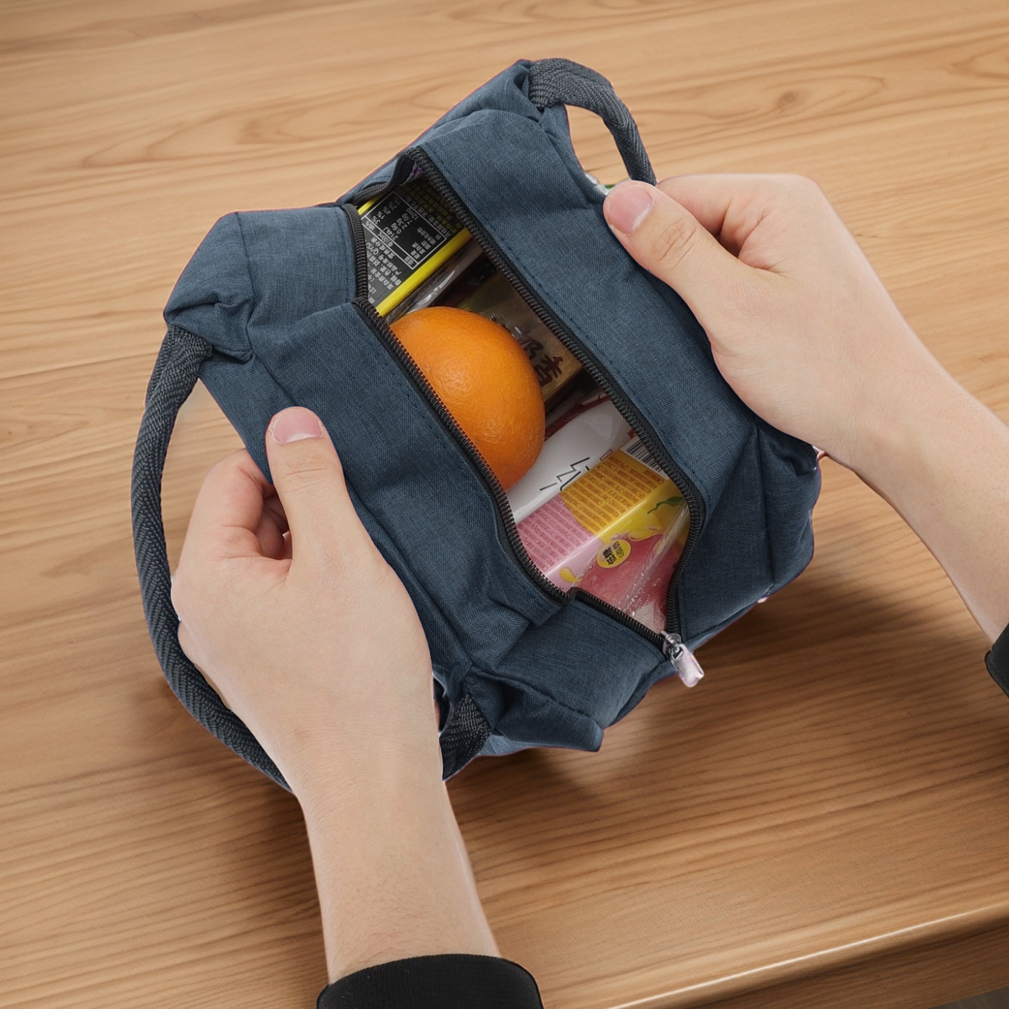Unique Bargains Reusable Insulated Lunch Bag with Zip Closure Navy Blue 219 oz