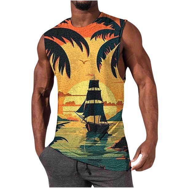 Tank Top para Hombres Botón de Impresión Casual de Cuello Redondo Tank Top