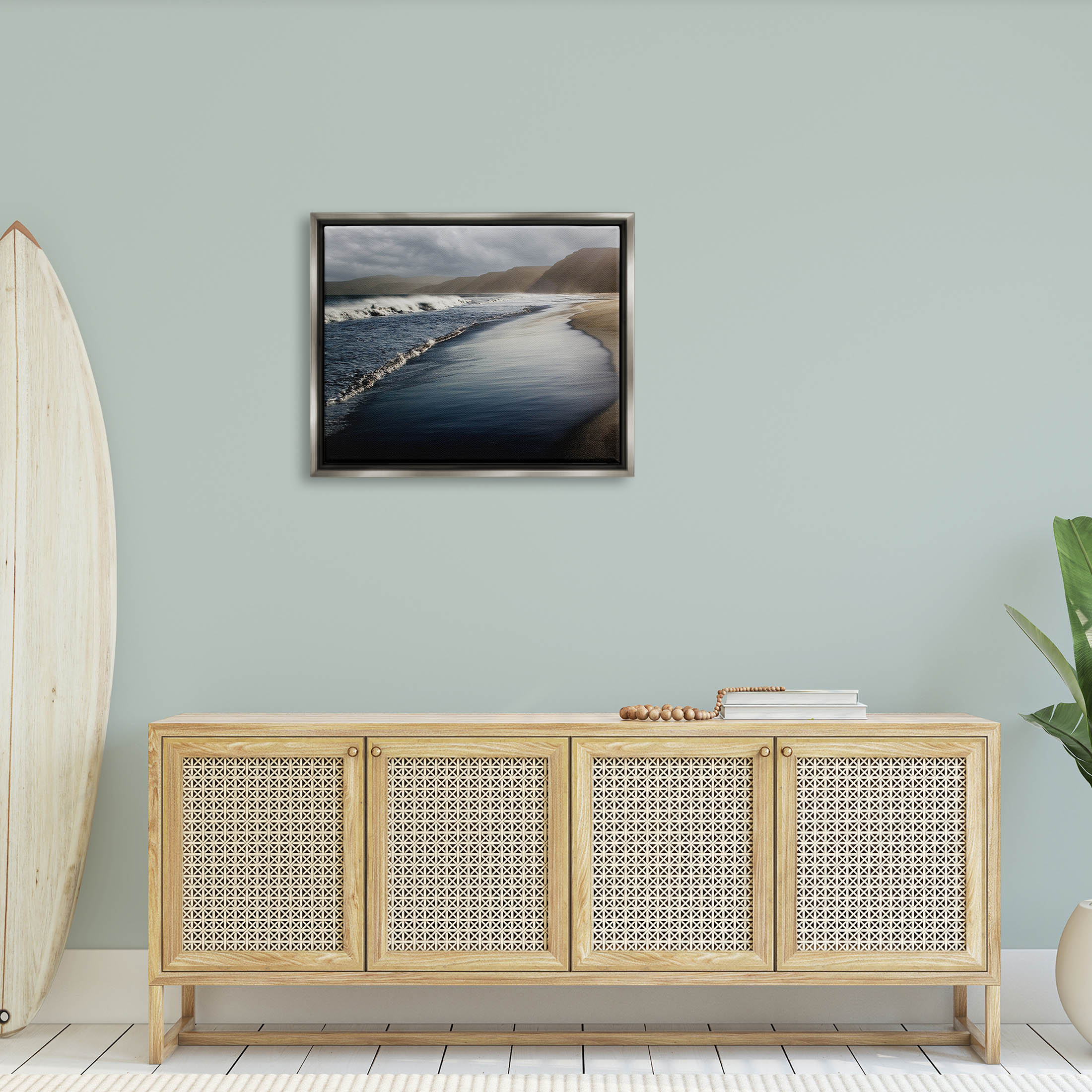 Beach Foam Rolling Waves Coastal Photograph Luster Gray Framed Art Print Wall Art