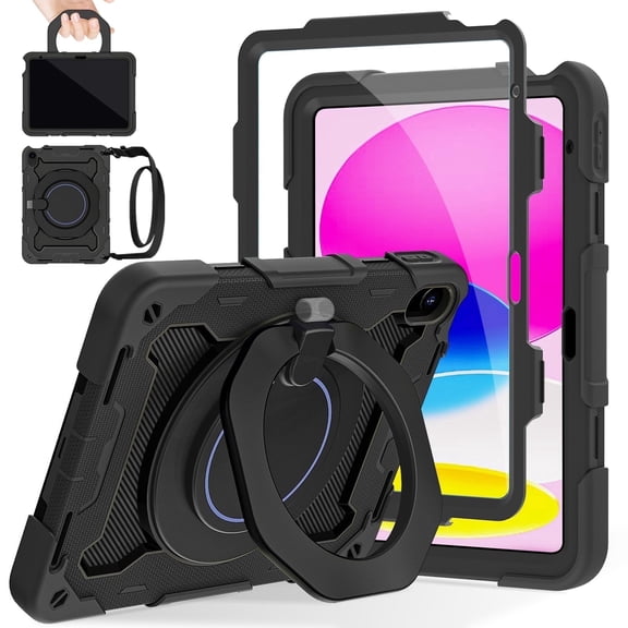Case for iPad 10th Generation 10.9 inch for Kids Women Men with Screen Protector,360 Kickstand & Handle,Shoulder Strap,Heavy Duty Military Grade Shockproof iPad Case 10th Generation