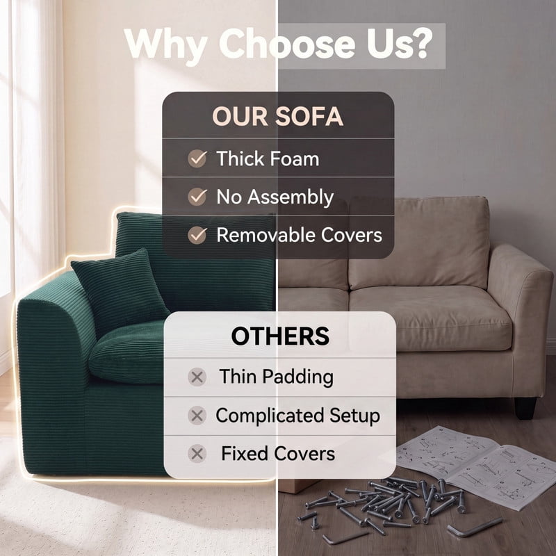 Gewnee Loveseat Sofa, Modular Cloud Couch, Corduroy 2 Seater Sofa with Removable Covers, No Assembly Required,Green