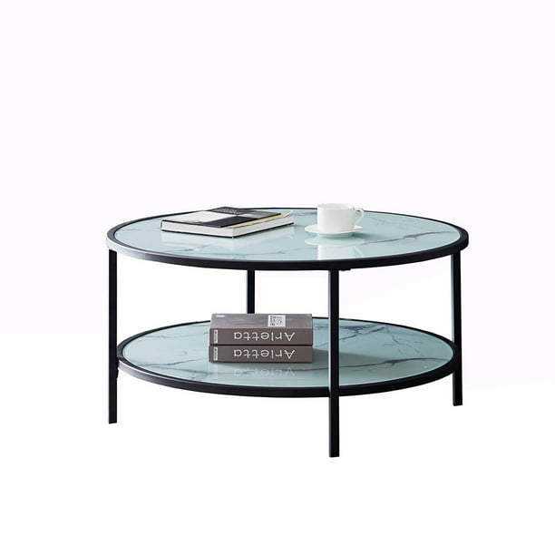 Modern 2 Tier Glass Top Coffee Table 36, Round Glass Top Side Table With Shelf
