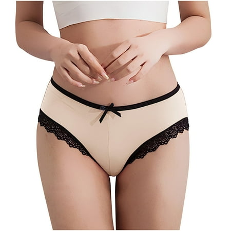 Scyoekwg Womens Underwear Lace Bow Thin Bikini Underwear Stretchy Mid Waisted Underwear Hipster Panties Comfort Briefs(Beige L)