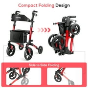 COSYWILL Walkers for Seniors,Foldable Rollator Walker with Seat,Mobility Walkers with 10 Big Wheels, Adjustable Handles and Backrest Height,Light Red