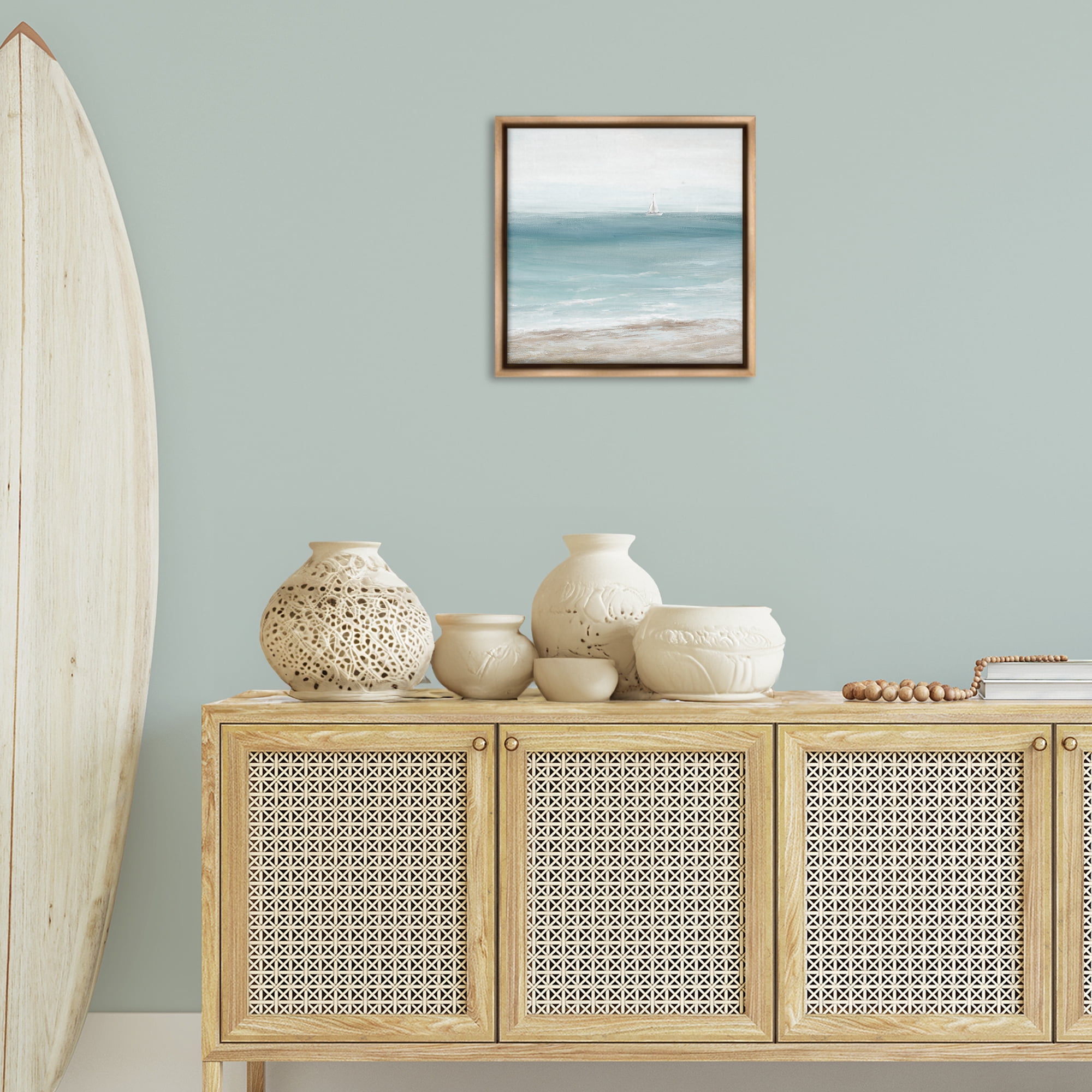 Stupell Industries Distant White Sailboat Nautical & Beach Painting Brown Floater Framed Canvas Art Print Wall Art, 18 x 18