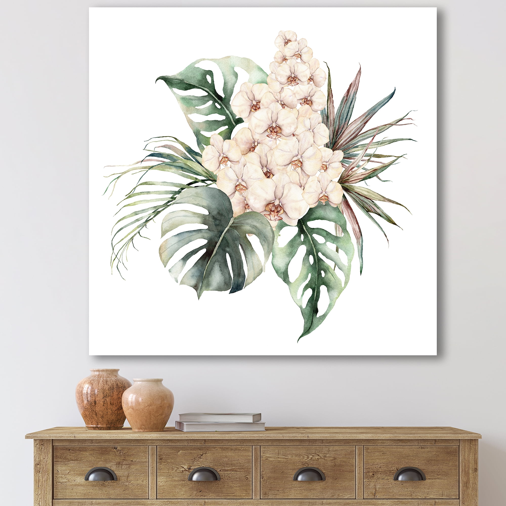 Designart ' Bouquet With Orchids Coconut Leaves and Monstera ' Traditional Canvas Wall Art Print