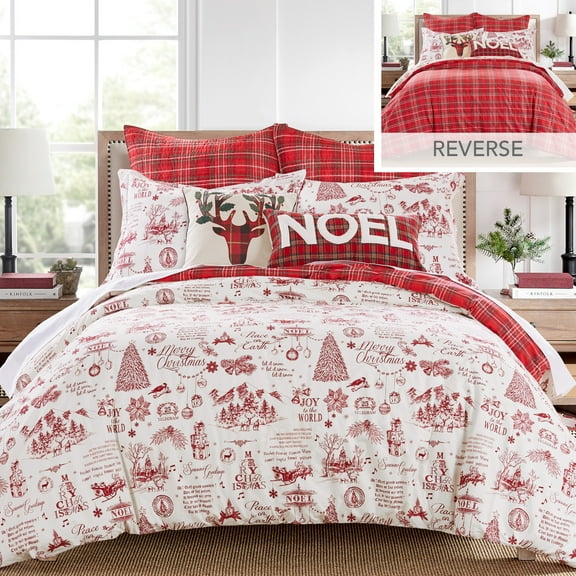 Levtex Home - Yuletide Comforter Set - Full/Queen Comforter Two Standard Pillow Cases - Christmas Holiday Script - Red and Cream - Comforter (90 x 94in.) and Pillow Case (26 x 20in.) - Cotton