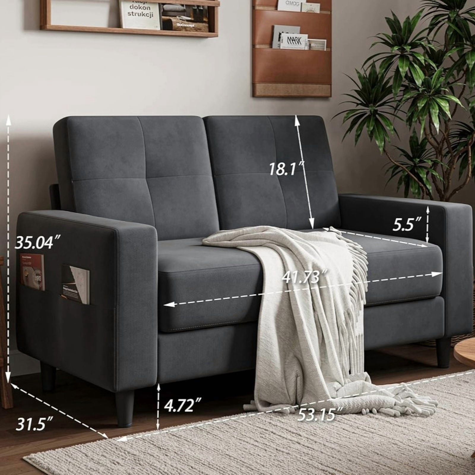 53" Loveseat Sofa, Small Couches 2 Seater Couch for Living Room Comfy Modern Sofa for Bedroom Apartment Office, Dark Grey
