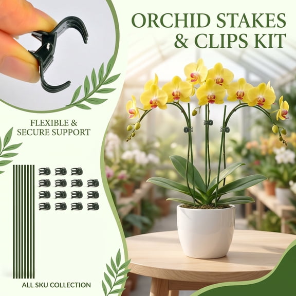 10 Pack Flexible Plastic Plant Support Stakes 15.75in Green with 15 Orchid Clips Bendable Stem Rods for Garden Indoor Potted Plant Growing