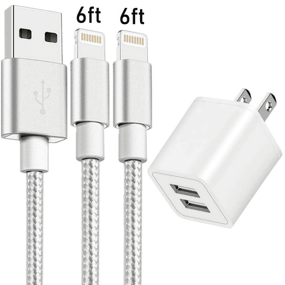 Charger, 2.1A Power Adapter Cube with 2-Pack 6FT Nylon Braided Sync & Charge Cable Cords Compatible with iPhone X/8 Plus/7 Plus/6S/6 Plus/ 6S Plus/5/5S/5C/XS/XR/XS Max/iPad Case - Silver