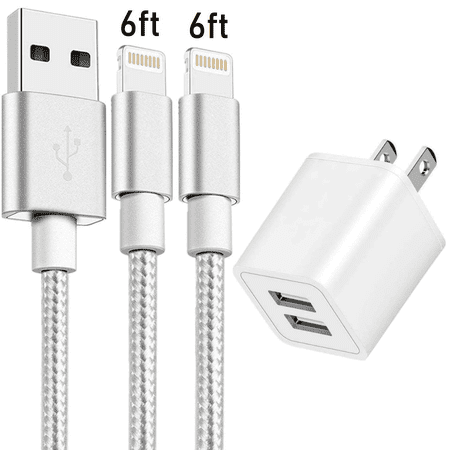Charger  2.1A Power Adapter Cube with 2-Pack 6FT Nylon Braided Sync & Charge Cable Cords Compatible with iPhone X/8 Plus/7 Plus/6S/6 Plus/ 6S Plus/5/5S/5C/XS/XR/XS Max/iPad Case - Silver price history on PriceWatchPro