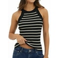 thumbnail image 2 of Halter Tank Tops for Women Summer Striped Stretchy Ribbed Knit - Shirts Slim Fitting Black L, 2 of 8