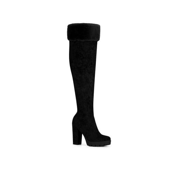 BLISSFUL STEP Women's Boots Faux Fur Platform Over The Knee Chunky Heel Round Toe Zipper Winter Boots Black 7