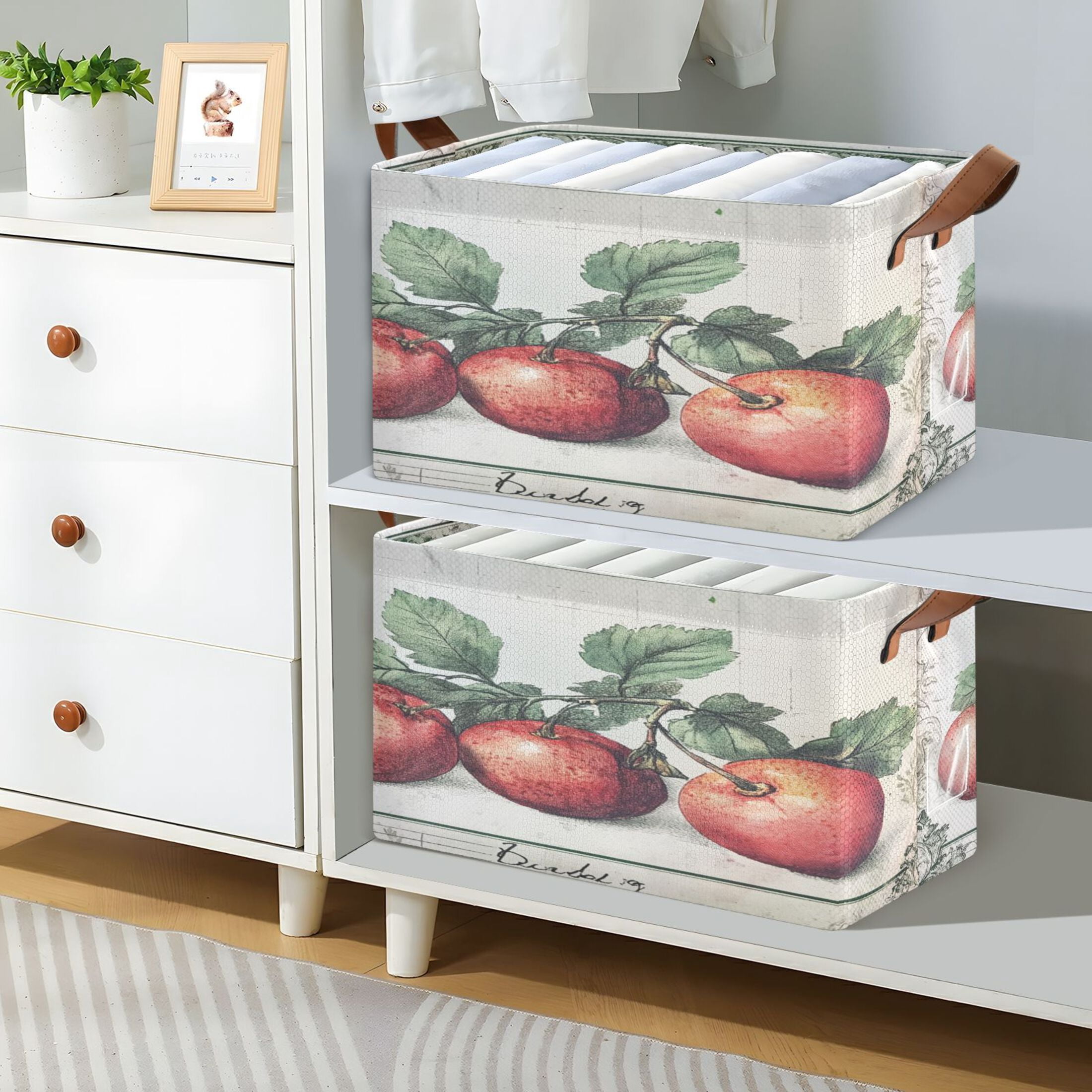 Red Fruit Picture Storage Basket Soccer Plaid Fabric Hoard Box Oversized Collapsible Closet Organizer with Metal Iron Frame 16.9×11.4×10in