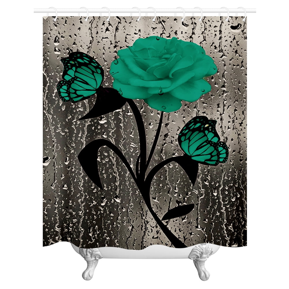 4 Pcs Bathroom Shower Curtain Set Green Rose Shower Curtain Bathroom Sets Valentine's Day Shower Curtain Sets with Rugs(Bath Mat,U Shape and Toilet Lid Cover Mat) and 12 Hooks