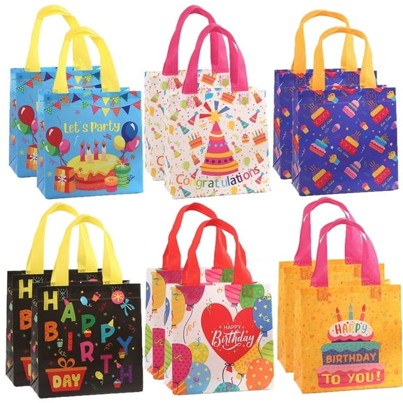 12 pack Birthday Party Favor Bags with Handle, Reusable Non-Woven Goodie Gift Bags for Kids Adults Birthday Party Supplies, 7.87*7.87*3.5