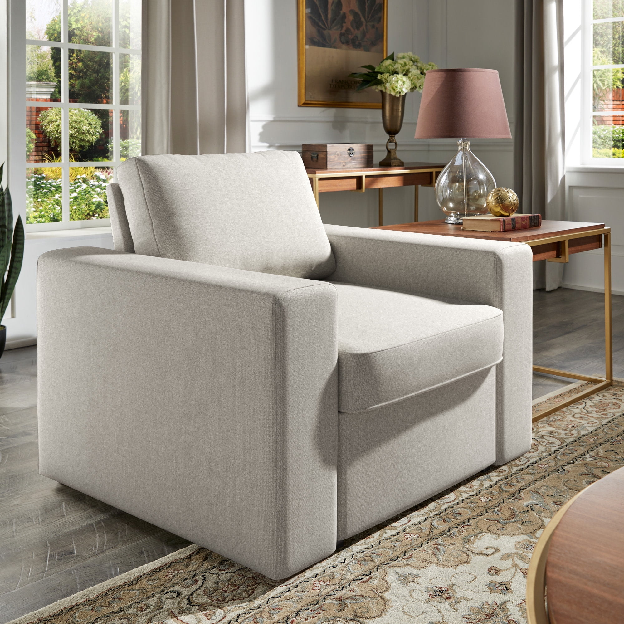 Weston Home Glen Park Modern Linen Accent Chair with 1 Hidden Metal Wire Storage Drawer, Ivory