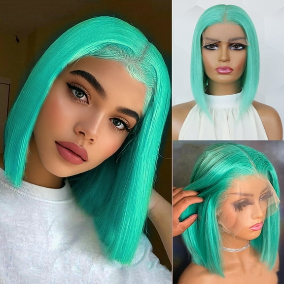 Mscathy Blue Green Colored Double Drawn Remy Brazilian Hair Lace Part Wig With Natural Hairline Short Bob 100% Human Hair 13x4x1 Middle Part Wigs Pre Plucked 180% Density
