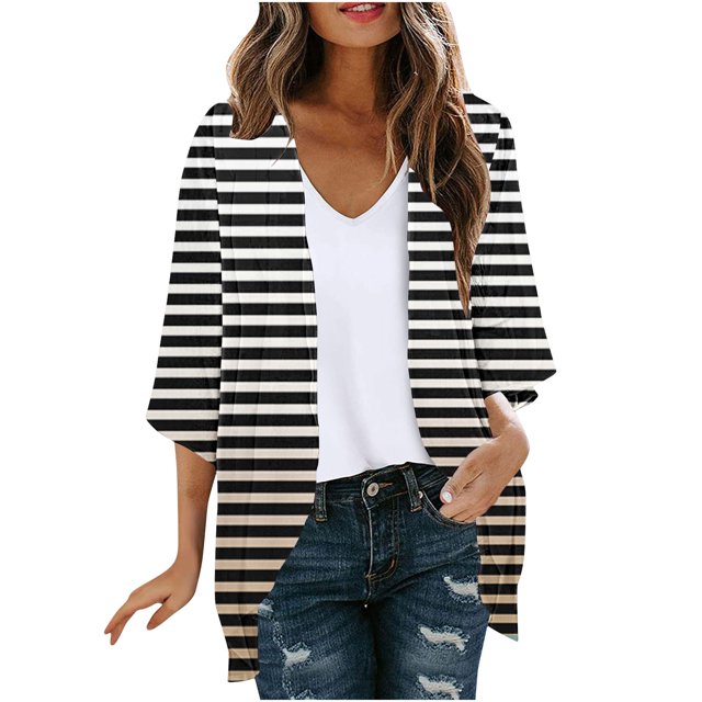 AherBiu Womens Cardigans Lightweight 3/4 Sleeve Striped Open Front Cardigans Fall Trendy Casual Outerwear