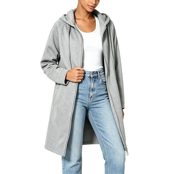 Women's Hooded Mid Length Zip up Sweatshirt Jacket, Raglan Sleeve Loose Casual Long Sleeve Cardigan Coat with Pockets Fall Winter Outwear Gray S