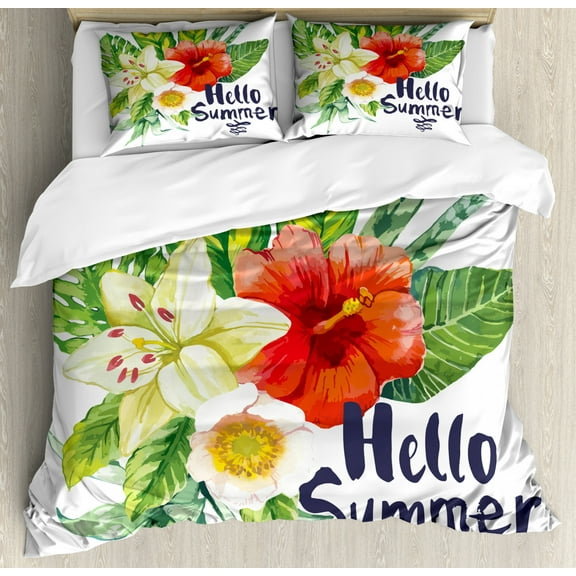 Hello Summer Duvet Cover Set Queen Size, Hello Summer Words Tropical Flowers and Plantation with Bouquets Hibiscus, Decorative 3 Piece Bedding Set with 2 Pillow Shams, Multicolor, by Ambesonne