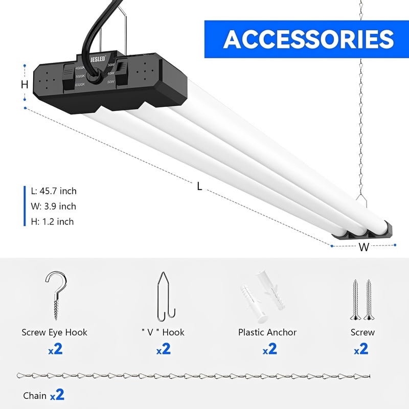 JESLED 4FT LED Shop Lights, Black, 30W/40W/50W Adjustable, 4000K/5000K/6500K Selectable, 5400-7500LM, ETL, Commercial Linkable Utility LED Light for Garage, Ceiling & Suspension Mount, 6-Pack