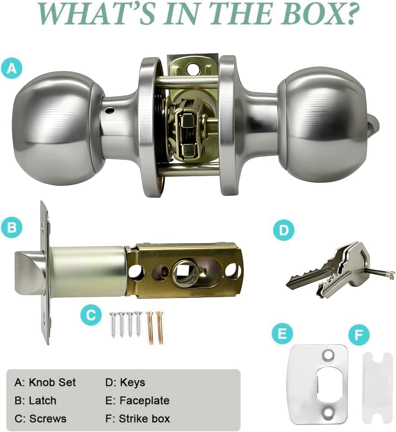 Door Knob with Lock and Keys, Ball Stainless Steel Entry Door Lock with Keyed,Exterior/Interior Door Handles for Bedroom or Bathroom,Satin Nickel,(10Pack)