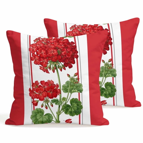 Set of 2 Spring Summer Floral Pillow Covers 16x16 Inch, Red Flowers Green Leaf Rustic Farmhouse Decorative Throw Pillow Cases Cotton Cushion Covers for Sofa Couch Bed Living Room Bedroom Home Decor