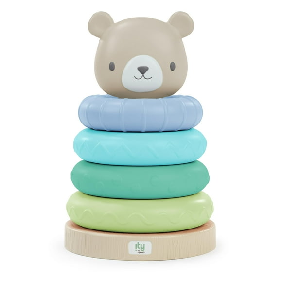 Ingenuity: ity by Ingenuity Cutie Stacks 4 BPA-Free Rings Faux Wood Stand Bear Topper Unisex for Ages 6 Months and Up - Nate