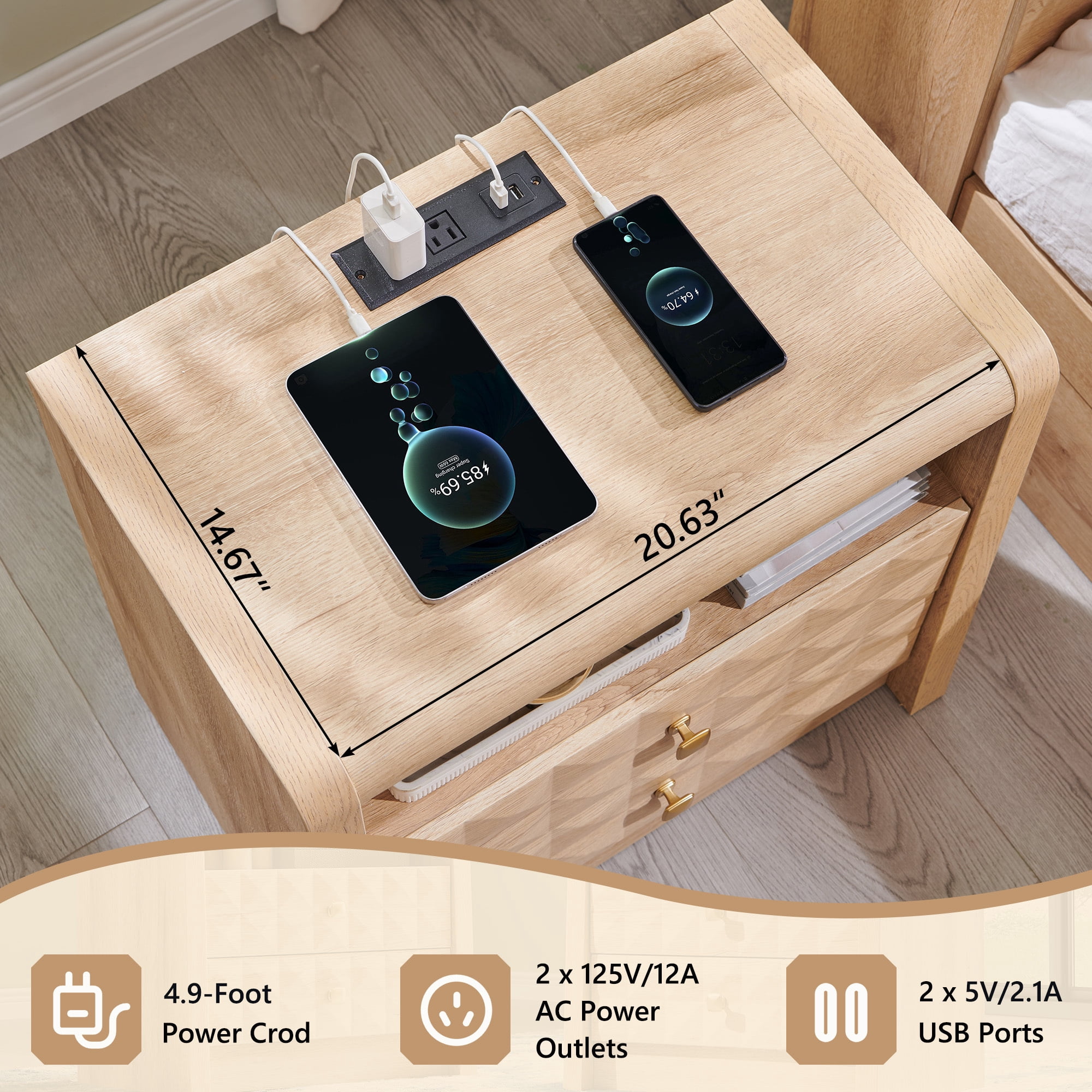 AsterOutdoor Modern Nightstand with Charging Station, Wood End Table w/Diamond Panel Decorate, 2 Storage Drawers, for Bedroom, Living Room