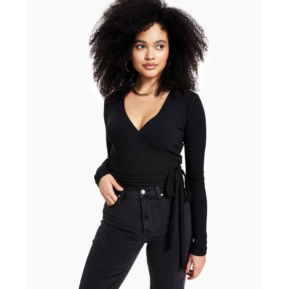 Bar III Ribbed Wrap Top Deep Black L