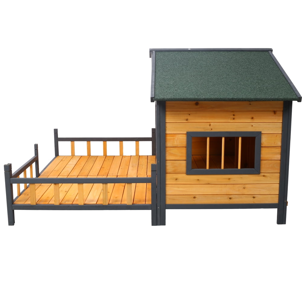 Natural Wooden XL Outdoor Dog House with Elevated Floor & Porch, Weatherproof Kennel for Small to Medium Dogs