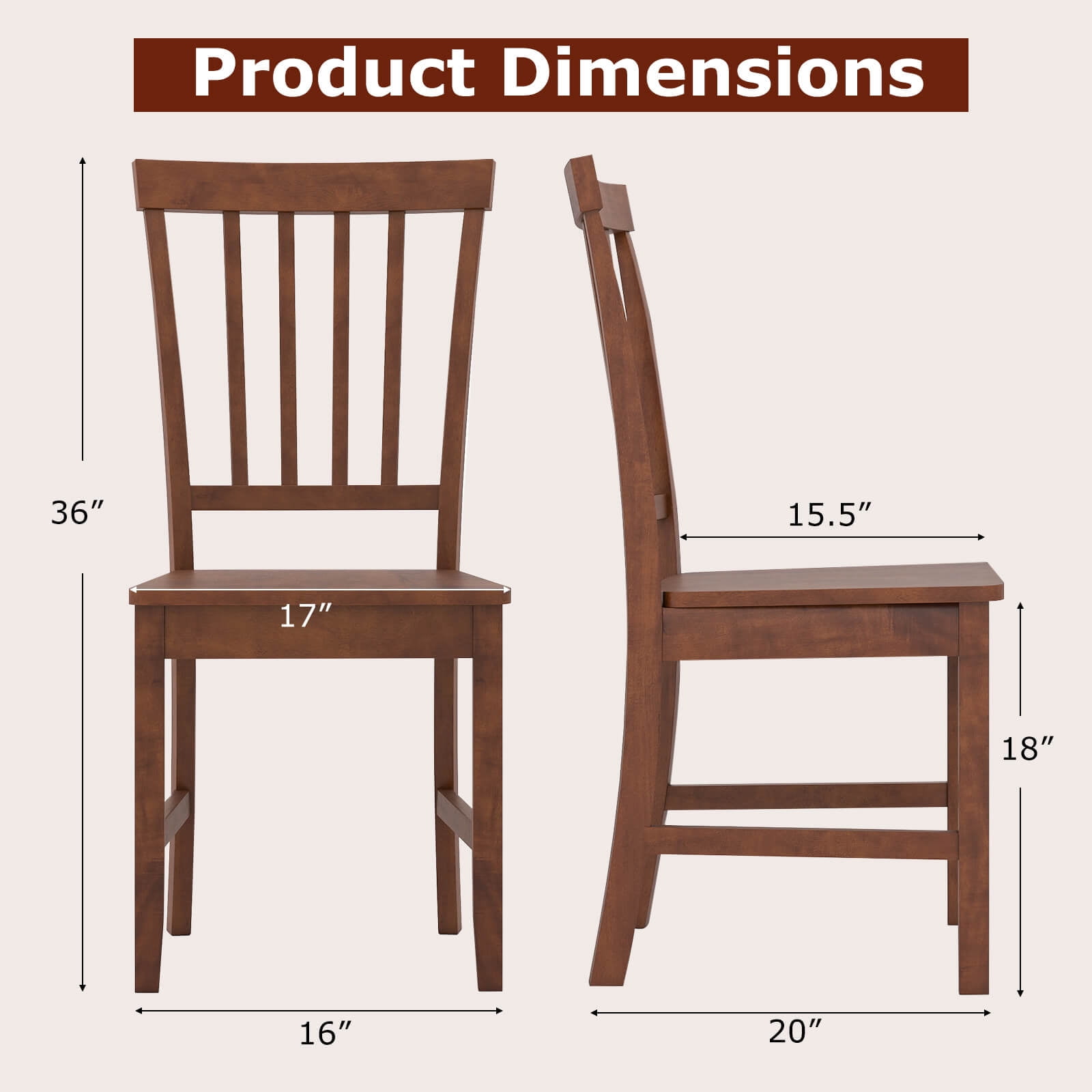 Costway Set of 2 Dining Chair Brown Kitchen Spindle Back Side Chair with Solid Wooden Legs