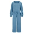 thumbnail image 4 of Scyoekwg Women's two Piece Outfits Loose Fall Outfits Crewneck Long Sleeve Tops Wide Legs Pants Two-piece Set Solid Color Casual Fashion Matching Sets (Blue,XXL), 4 of 6