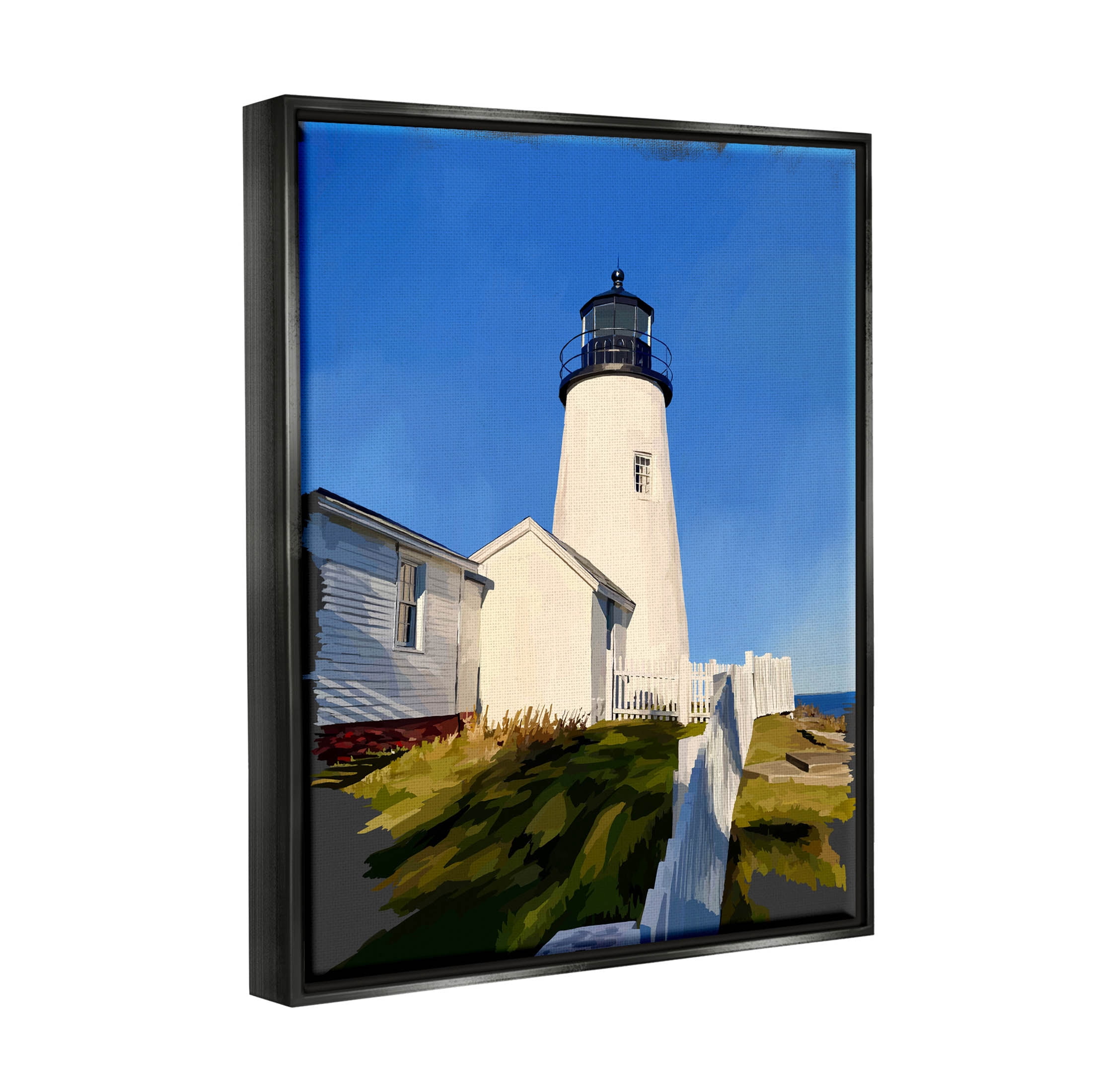 Stupell Industries Coastal Lighthouse Clear Blue Sky Graphic Art Jet Black Floating Framed Canvas Print Wall Art, Design by Emily Kalina