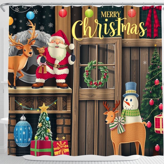 Festive Christmas Shower Curtain with Santa, Reindeer & Snowman - Merry Christmas Design with Rustic Barn & Holiday Decor