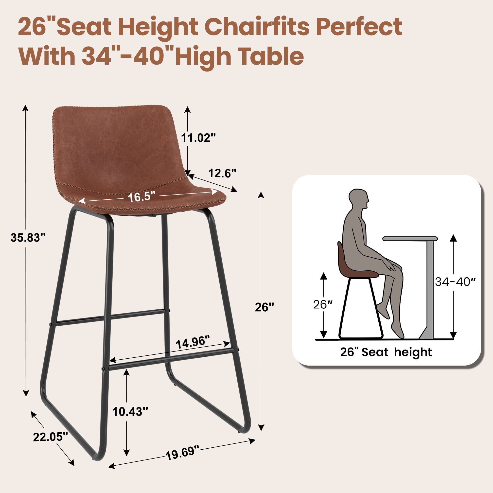 Aufeile 26" Counter Height Bar Stools Set of 3 – Modern Faux Leather Barstools with Back & Metal Legs, Kitchen Bar Chairs for Island, Dining Room, Dark Brown