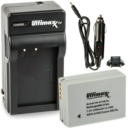 Ultimaxx Rapid Home & Travel Charger with NB-10L Extended Life Battery (1500mAh / 11.1Wh) Replacement for Canon NB-10L for Use with Canon PowerShot G1X G3-X G15 G16 SX40 HS SX50 HS SX60 HS