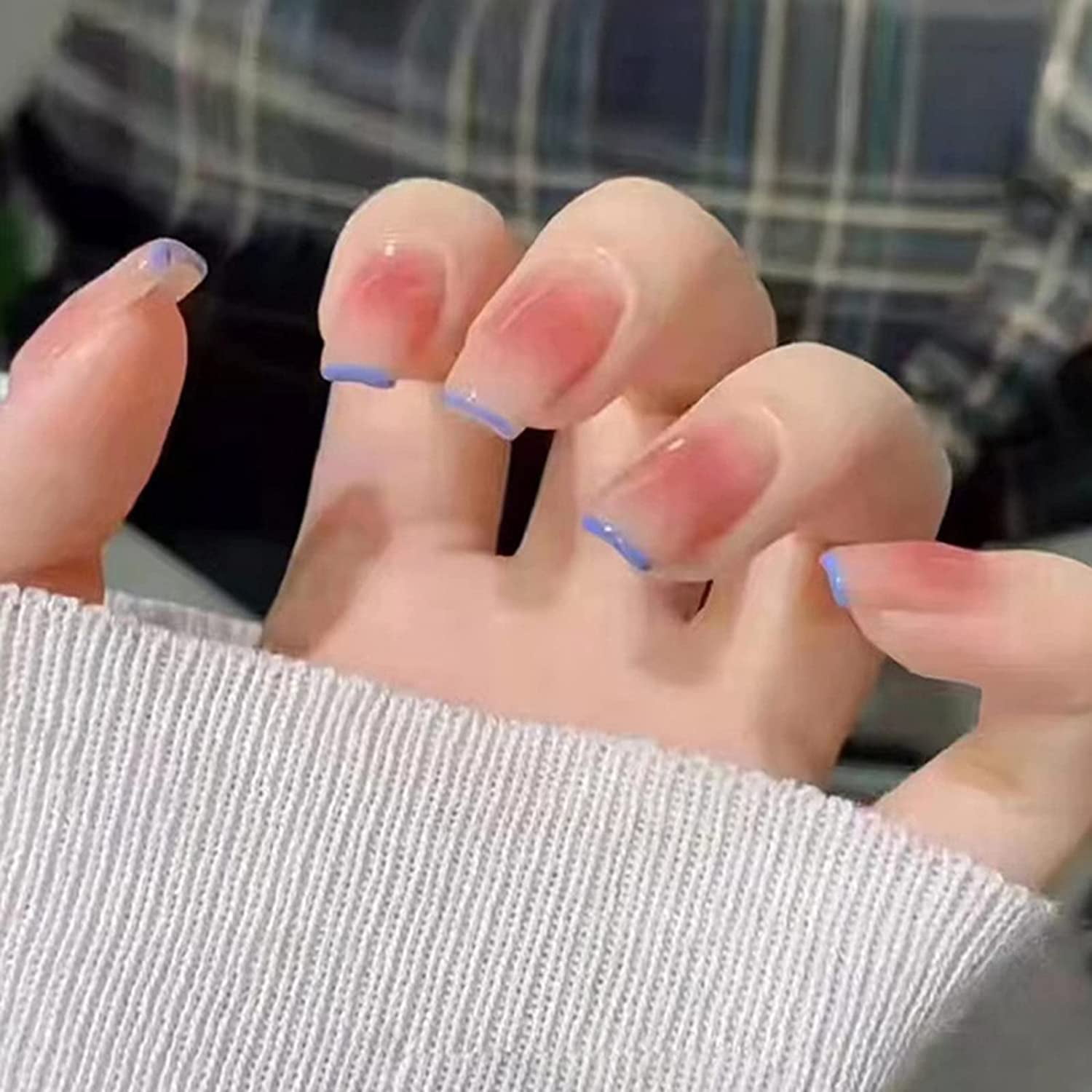 Press on Nails Coffin Glossy French Blue Blush Full Cover Medium False