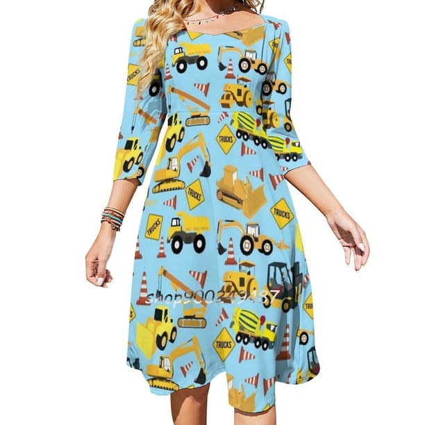 Camiones de construcción Vehículos Patrón-Camión volquete excavadora Vestido acampanado Vestido de cuello cuadrado Vestido estampado elegante de moda femenina
