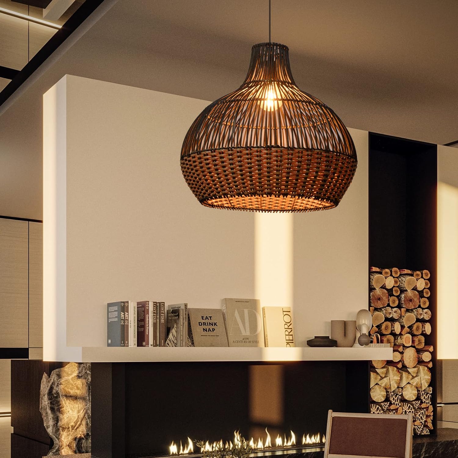 Arturesthome Rattan Pendant Light Fixtures, Wicker Boho Black Basket Lighting Chandelier